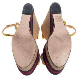 Pre Owned Gucci Metallic Gold Leather And Jute Web Platform Ankle Strap Espadrille Wedge Sandals Size 38