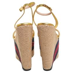 Pre Owned Gucci Metallic Gold Leather And Jute Web Platform Ankle Strap Espadrille Wedge Sandals Size 38