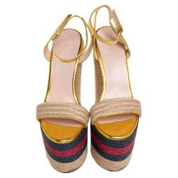 Pre Owned Gucci Metallic Gold Leather And Jute Web Platform Ankle Strap Espadrille Wedge Sandals Size 38