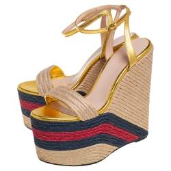Pre Owned Gucci Metallic Gold Leather And Jute Web Platform Ankle Strap Espadrille Wedge Sandals Size 38