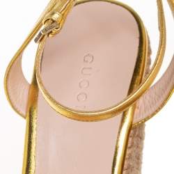 Pre Owned Gucci Metallic Gold Leather And Jute Web Platform Ankle Strap Espadrille Wedge Sandals Size 38