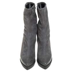 Pre Owned حذاء بوت كاحل نعل سميك مقدمة مدببة جلد وسويدي رمادي مقاس 37 