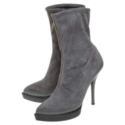 Pre Owned حذاء بوت كاحل نعل سميك مقدمة مدببة جلد وسويدي رمادي مقاس 37 