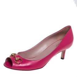 Pre Owned Gucci Pink Leather Horsebit Peep Toe Pumps Size 39