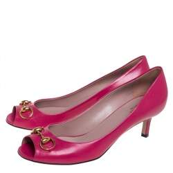 Pre Owned Gucci Pink Leather Horsebit Peep Toe Pumps Size 39