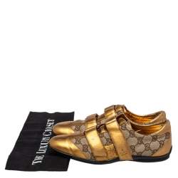 Pre Owned حذاء رياضي غوتشي جلد وكانفاس جي جي بيج/ذهبي فيلكرو مقاس 36