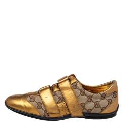 Pre Owned حذاء رياضي غوتشي جلد وكانفاس جي جي بيج/ذهبي فيلكرو مقاس 36