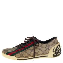 Pre Owned Gucci Brown/Beige GG Canvas Boulevard Script Logo Lace Up Sneakers Size 39