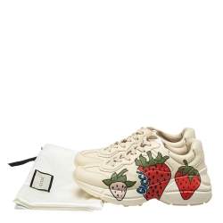 Gucci Cream Leather Rhyton Strawberry Print Low Top Sneakers Size 36