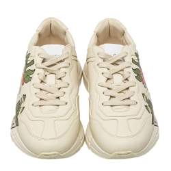 Gucci Cream Leather Rhyton Strawberry Print Low Top Sneakers Size 36