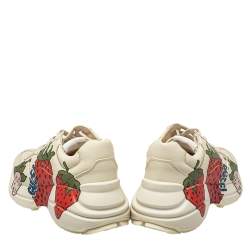 Gucci Cream Leather Rhyton Strawberry Print Low Top Sneakers Size 36