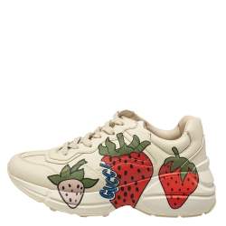 Gucci Cream Leather Rhyton Strawberry Print Low Top Sneakers Size 36