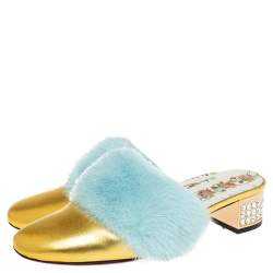 Pre Owned Gucci Gold Fur And Leather Candy Mink Mules Size 36