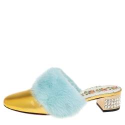 Pre Owned Gucci Gold Fur And Leather Candy Mink Mules Size 36