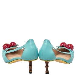 Pre Owned حذاء كعب عالي غوتشي مزخرف كرز جلد أزرق مقاس 36