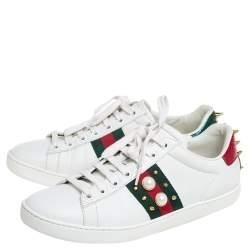 Gucci White Leather and Python Embossed Leather Ace Studded Sneakers Size 37