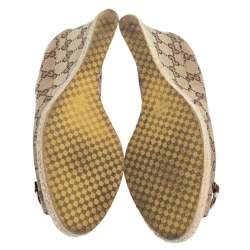 Pre Owned حذاء كعب عالي غوتشي شارلوت مزين هورسبيت كعب روكي إسبادريل مقدمة مفتوحة كانفاس جي جي بيج ميتاليك مقاس 39.5