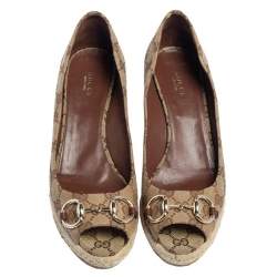 Pre Owned حذاء كعب عالي غوتشي شارلوت مزين هورسبيت كعب روكي إسبادريل مقدمة مفتوحة كانفاس جي جي بيج ميتاليك مقاس 39.5