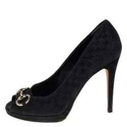 Pre Owned Gucci Black GG Suede Horsebit Peep Toe Pumps Size 36.5