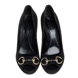 Pre Owned Gucci Black GG Suede Horsebit Peep Toe Pumps Size 36.5