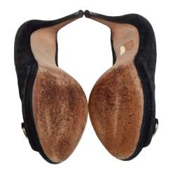 Pre Owned Gucci Black GG Suede Horsebit Peep Toe Pumps Size 36.5