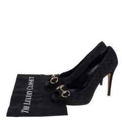 Pre Owned Gucci Black GG Suede Horsebit Peep Toe Pumps Size 36.5