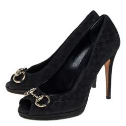 Pre Owned Gucci Black GG Suede Horsebit Peep Toe Pumps Size 36.5