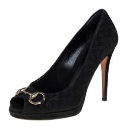 Pre Owned Gucci Black GG Suede Horsebit Peep Toe Pumps Size 36.5