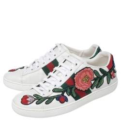 مملوكة مسبقًا Gucci White Floral Embroidered Leather Ace Low Top Sneakers Size 35