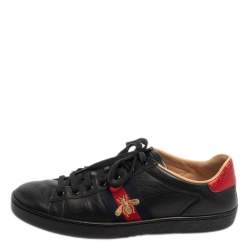 Pre Owned Gucci Black Leather Ace Bee Embroidered Web Low Top Sneakers Size 37.5