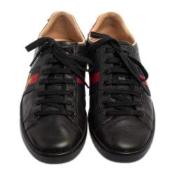 Pre Owned Gucci Black Leather Ace Bee Embroidered Web Low Top Sneakers Size 37.5