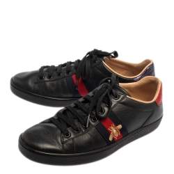 Pre Owned Gucci Black Leather Ace Bee Embroidered Web Low Top Sneakers Size 37.5