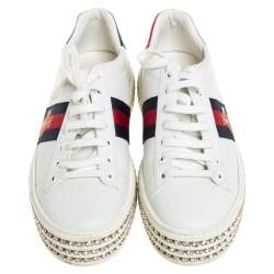 Pre Owned Gucci White Leather And Canvas New Ace Crystal Embellished Platform Sneakers Size 37