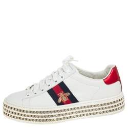 Pre Owned Gucci White Leather And Canvas New Ace Crystal Embellished Platform Sneakers Size 37