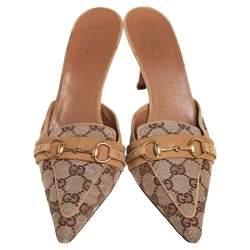 Pre Owned صندل سلايد غوتشي سوبريم كانفاس جي جي بيج وجلد مقاس 37.5
