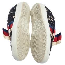 Pre Owned Gucci Black/Beige Lace And Fabric Crystal Embellished Bow Slip On Sneakers Size 36