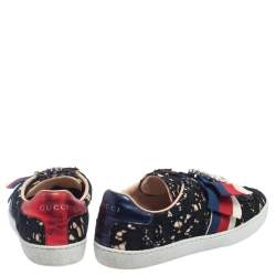 Pre Owned Gucci Black/Beige Lace And Fabric Crystal Embellished Bow Slip On Sneakers Size 36