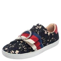 Pre Owned Gucci Black/Beige Lace And Fabric Crystal Embellished Bow Slip On Sneakers Size 36