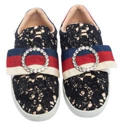 Pre Owned Gucci Black/Beige Lace And Fabric Crystal Embellished Bow Slip On Sneakers Size 36