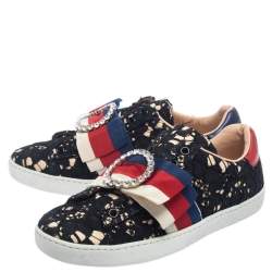 Pre Owned Gucci Black/Beige Lace And Fabric Crystal Embellished Bow Slip On Sneakers Size 36