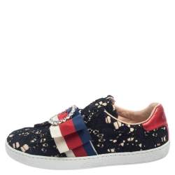 Pre Owned Gucci Black/Beige Lace And Fabric Crystal Embellished Bow Slip On Sneakers Size 36