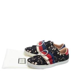 Pre Owned Gucci Black/Beige Lace And Fabric Crystal Embellished Bow Slip On Sneakers Size 36