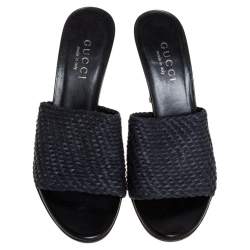Gucci Dark Blue Woven Fabric Mule Sandals Size 37