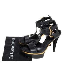 Pre Owned صندل غوتشي سير كاحل نعل سميك بمقدمة مفتوحة جلد أسود مقاس 40