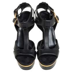 Pre Owned صندل غوتشي سير كاحل نعل سميك بمقدمة مفتوحة جلد أسود مقاس 40