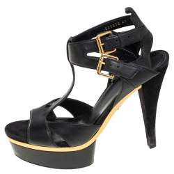 Pre Owned صندل غوتشي سير كاحل نعل سميك بمقدمة مفتوحة جلد أسود مقاس 40