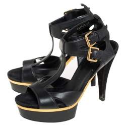 Pre Owned صندل غوتشي سير كاحل نعل سميك بمقدمة مفتوحة جلد أسود مقاس 40