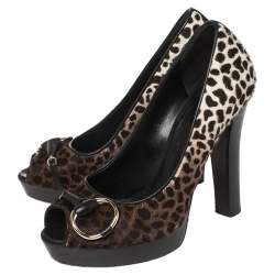 Gucci Brown Leopard Print Pony Hair Icon Bit Peep Toe Pumps Size 35.5