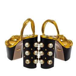 مملوكة مسبقًا صندل غوتشي جلد ذهبي مزين عقدة نعل سميك  مزخرف لؤلؤ مقاس 37