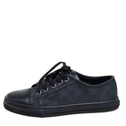 Pre Owned Gucci Black/Blue Leather And GG Canvas Cap Toe Low Top Sneakers Size 38